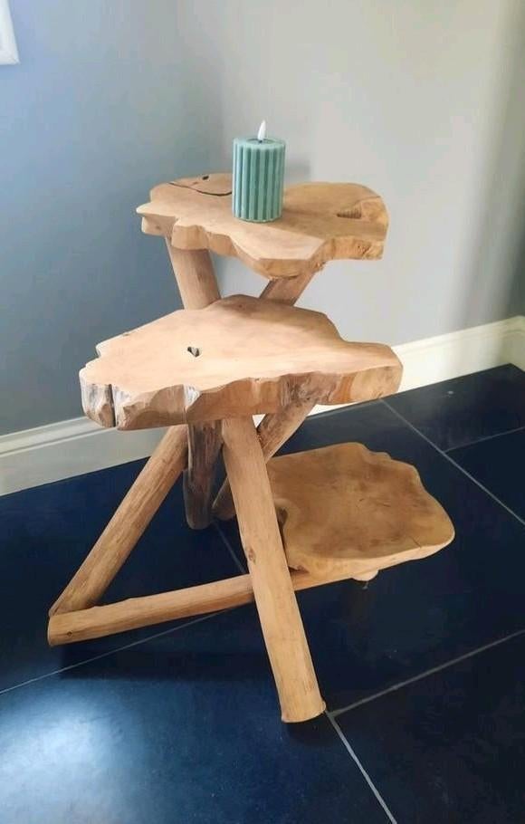 Design houten bij tafel met 3 boomstam schijven, Ophalen, Gebruikt, 55 tot 75 cm, Overige vormen