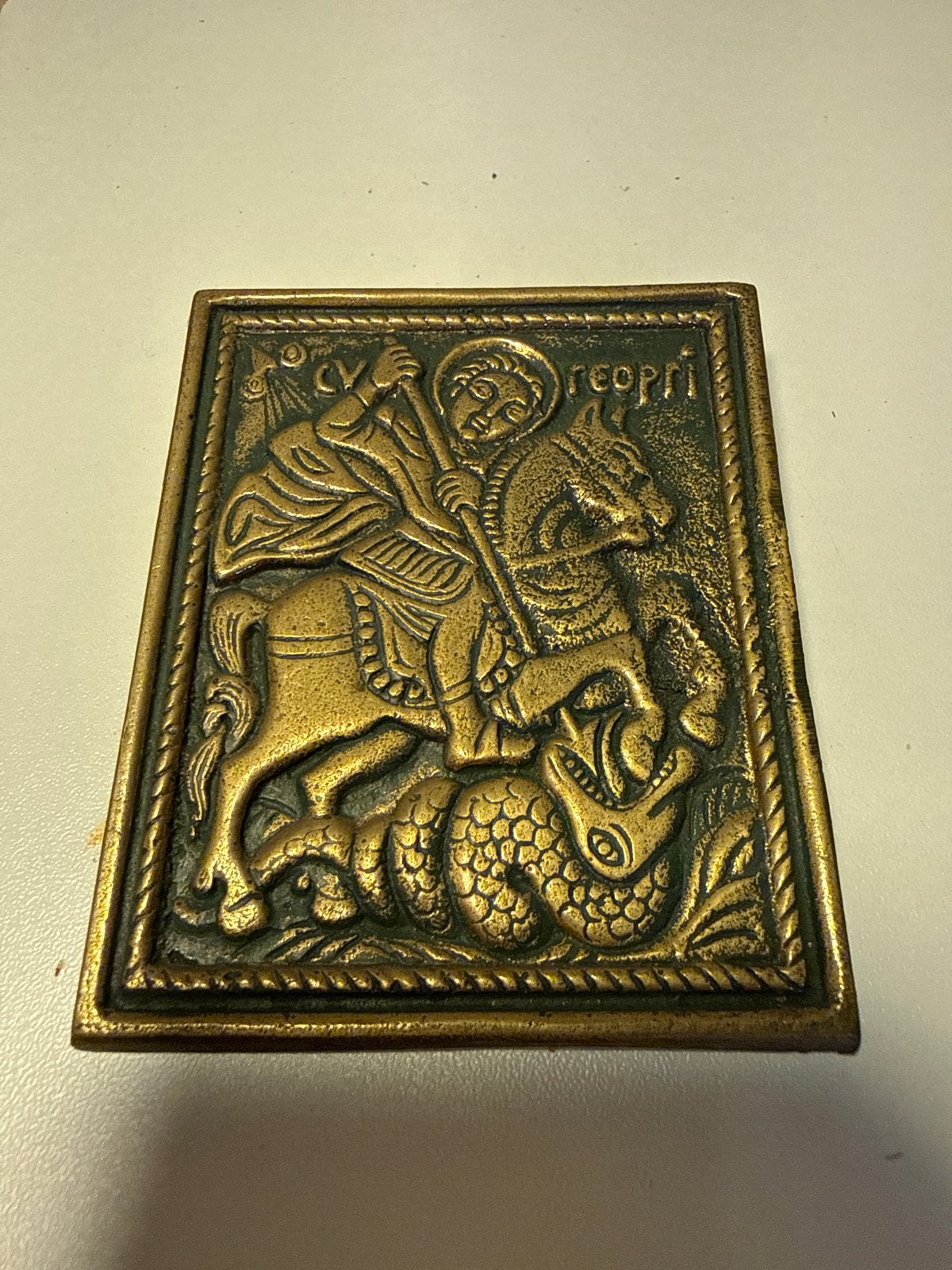 Antiek bronzen reliëf Sint Joris en de Draak, Ophalen of Verzenden