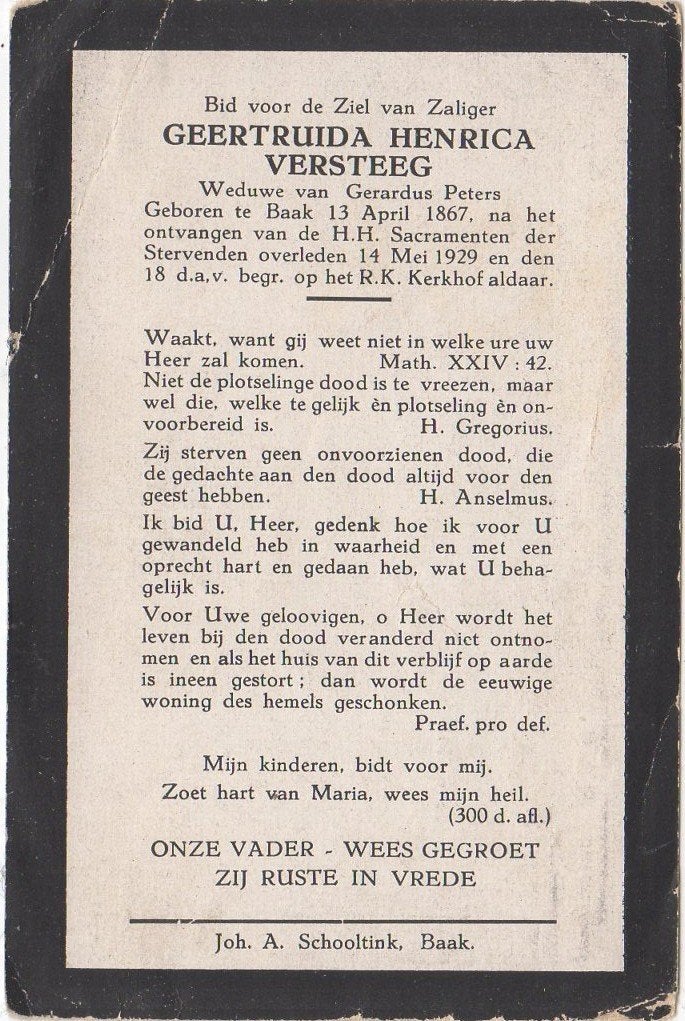 Geertruida H. Versteeg 1867 Baak + 1929 Baak, 62 jaar oud, Ophalen of Verzenden