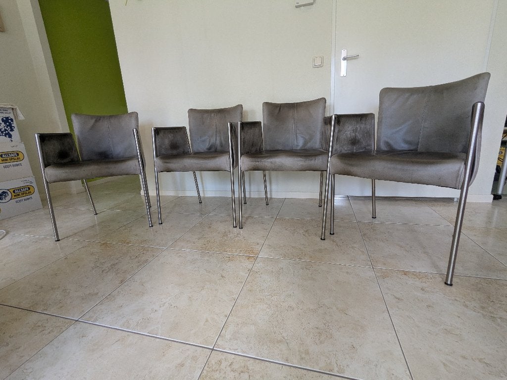 4 stuks grijs lederen eetkamerstoelen, Ophalen, Gebruikt, Vier, Grijs