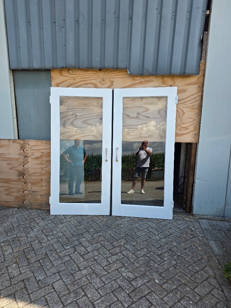 Dubbele houten klapdeuren, Doe-het-zelf en Verbouw, Deuren en Horren, Gebruikt, Binnendeur, 200 tot 215 cm, Glas