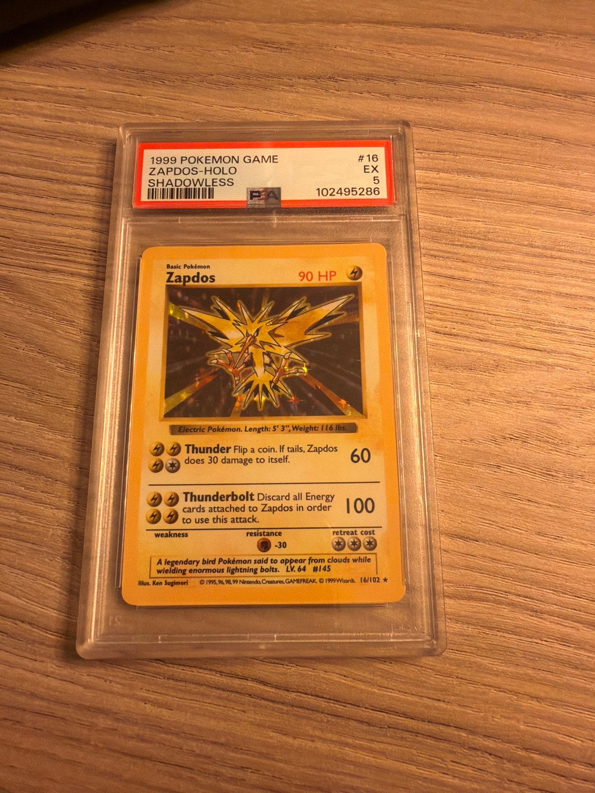1999 Pokémon Game Zapdos Holo Shadowless #16 PSA 5, Ophalen of Verzenden, Gebruikt, Losse kaart