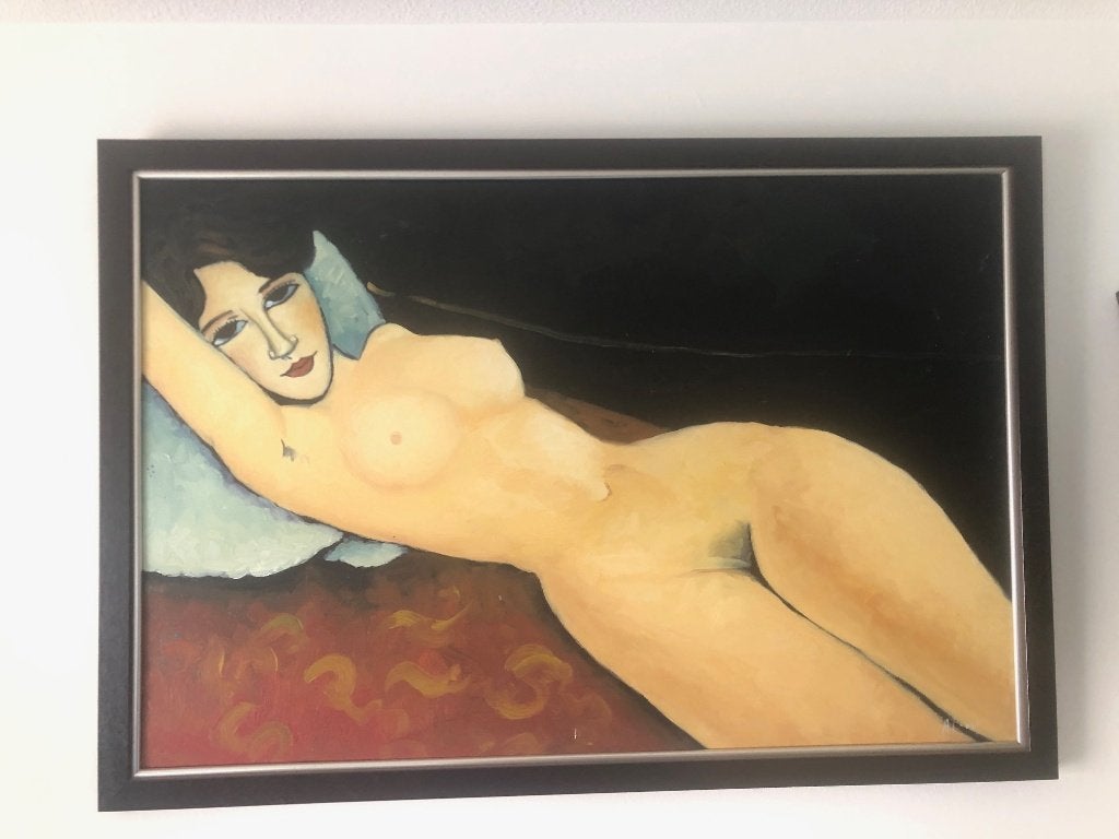 olieverf schilderij Modigliani liggend naakt 97 x 67cm, Antiek en Kunst, Ophalen, Doek, Portret of Personen, Expressionistisch
