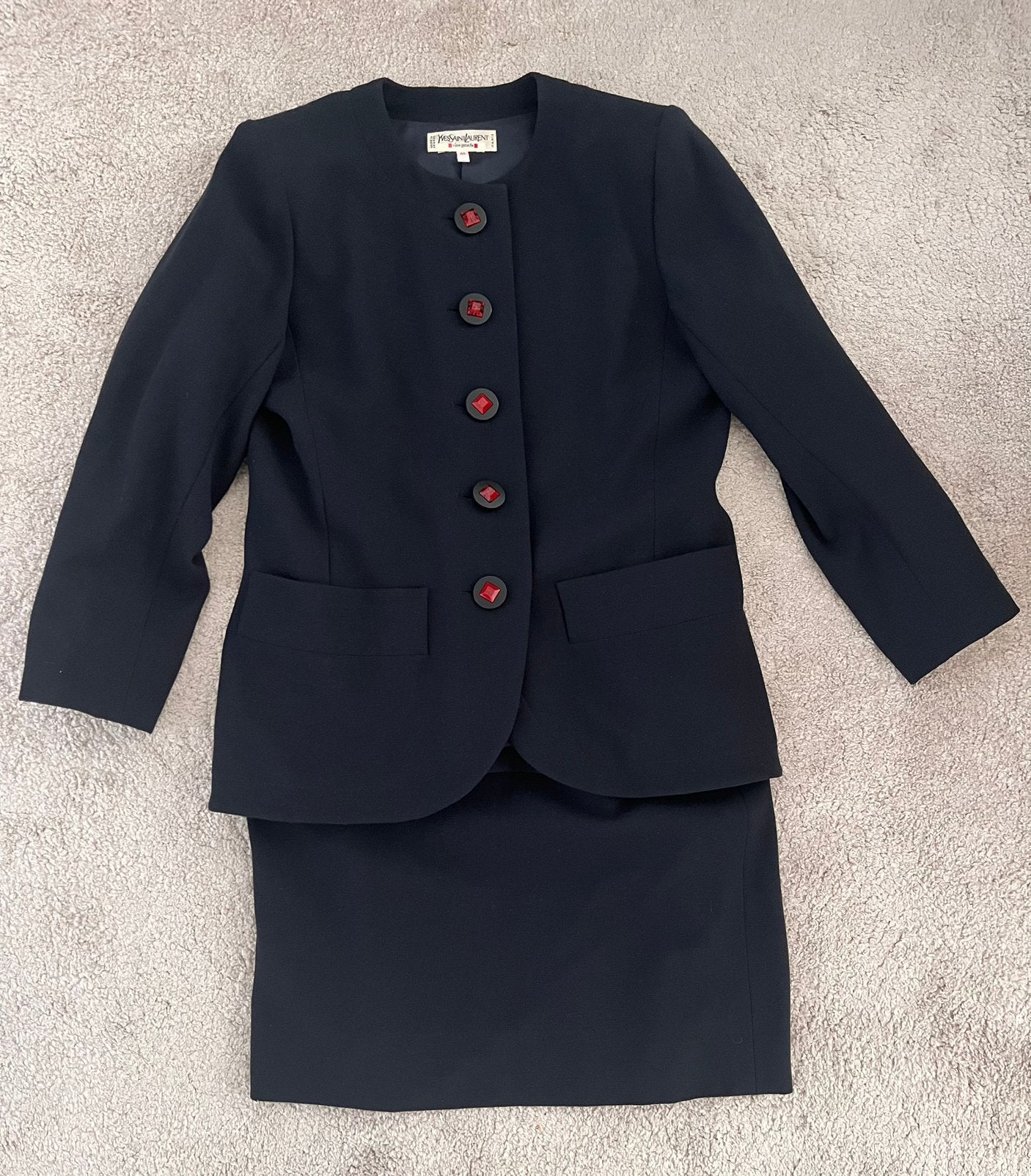 Yves Saint Laurent jas en rok set origineel!, Maat 38/40 (M), Kostuum of Pak, Blauw, Ophalen of Verzenden