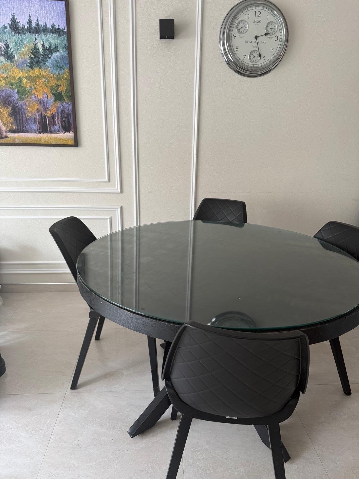 Riviera Maison Eettafel met Glazen Blad en 5 Stoelen, Ophalen, 100 tot 150 cm, Rond, Vijf personen of meer