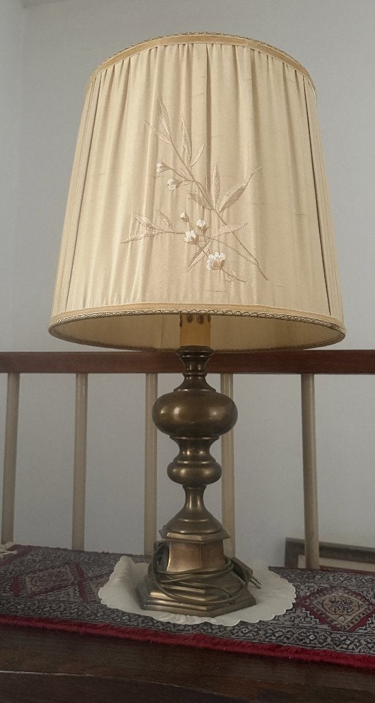 Tafellamp met stoffen kap en bronzen voet, E27 (groot), 70 cm, Ophalen, Beige