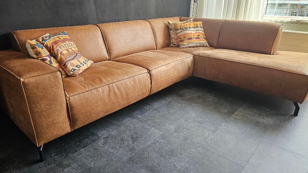 Cognac hoekbank 3-zits – suede leer – zo goed als nieuw, Ophalen, 250 tot 300 cm, Hoekbank, Driepersoons