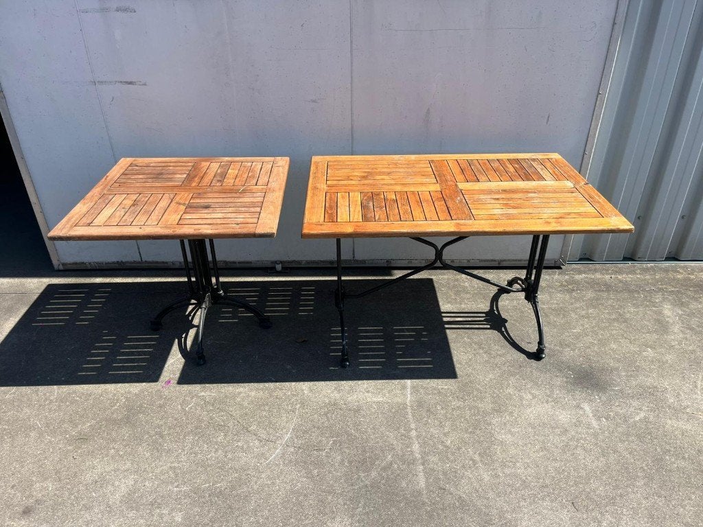 10 stuks horeca terrastafels teak hout 120x80 en 80x80 cm, Ophalen, Gebruikt