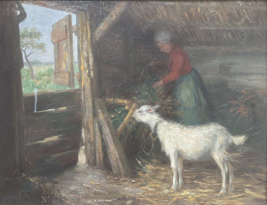 H.A. Dievenbach (1872-1946) - Stalletje met geit, Doek, Dieren, Ophalen of Verzenden, Gesigneerd