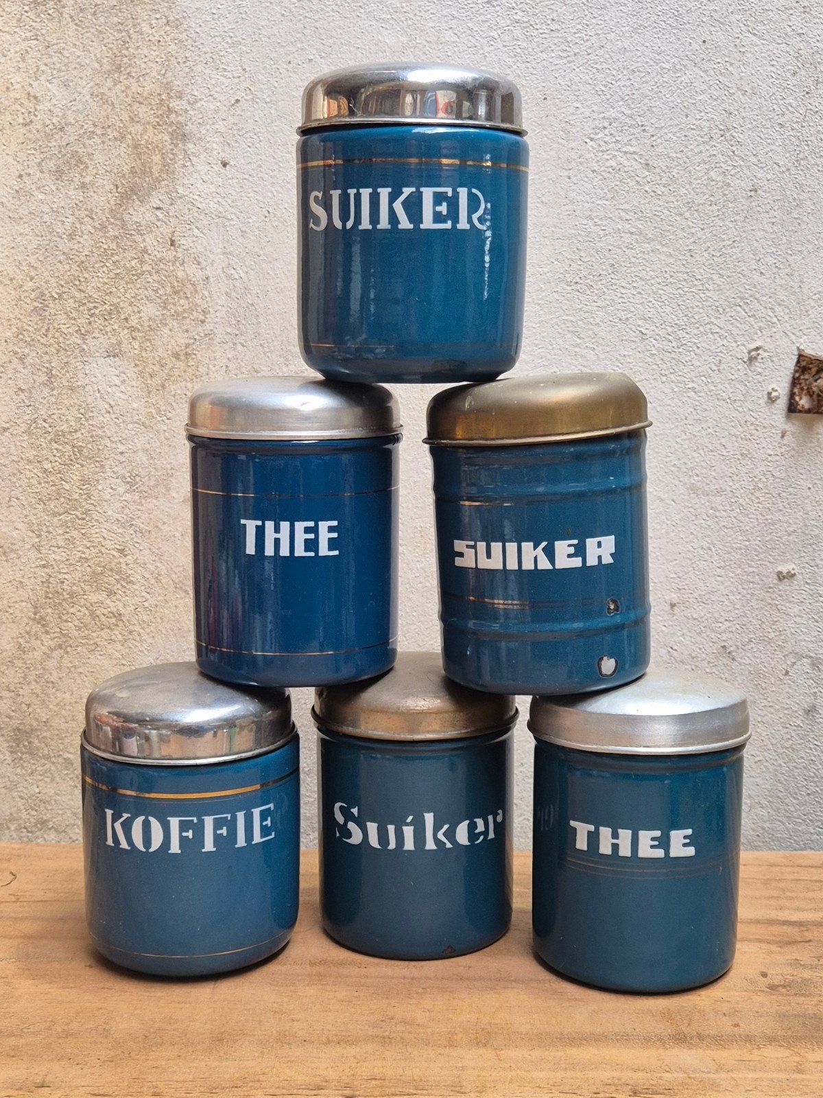 Set van 6 Vintage Emaille Voorraadbussen – Petrolblauw, Antiek en Kunst, Ophalen of Verzenden