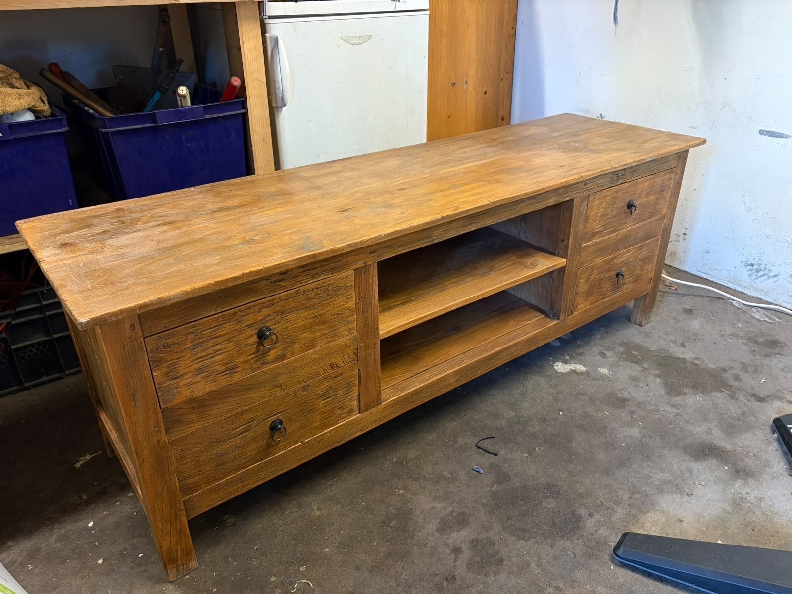 Robuust Teakhouten TV-meubel met Lades en Planken, Ophalen, Gebruikt, 150 tot 200 cm, Teakhout