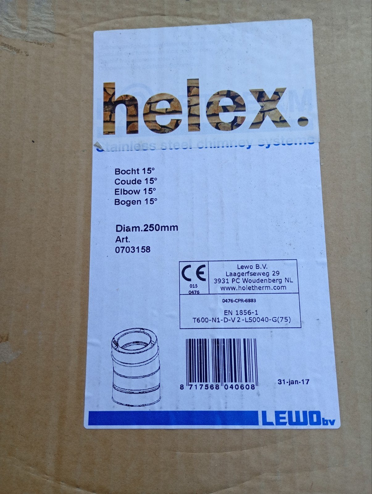 Helex RVS dubbelwandige bocht 15 graden, diameter 250mm, Ophalen of Verzenden, Nieuw