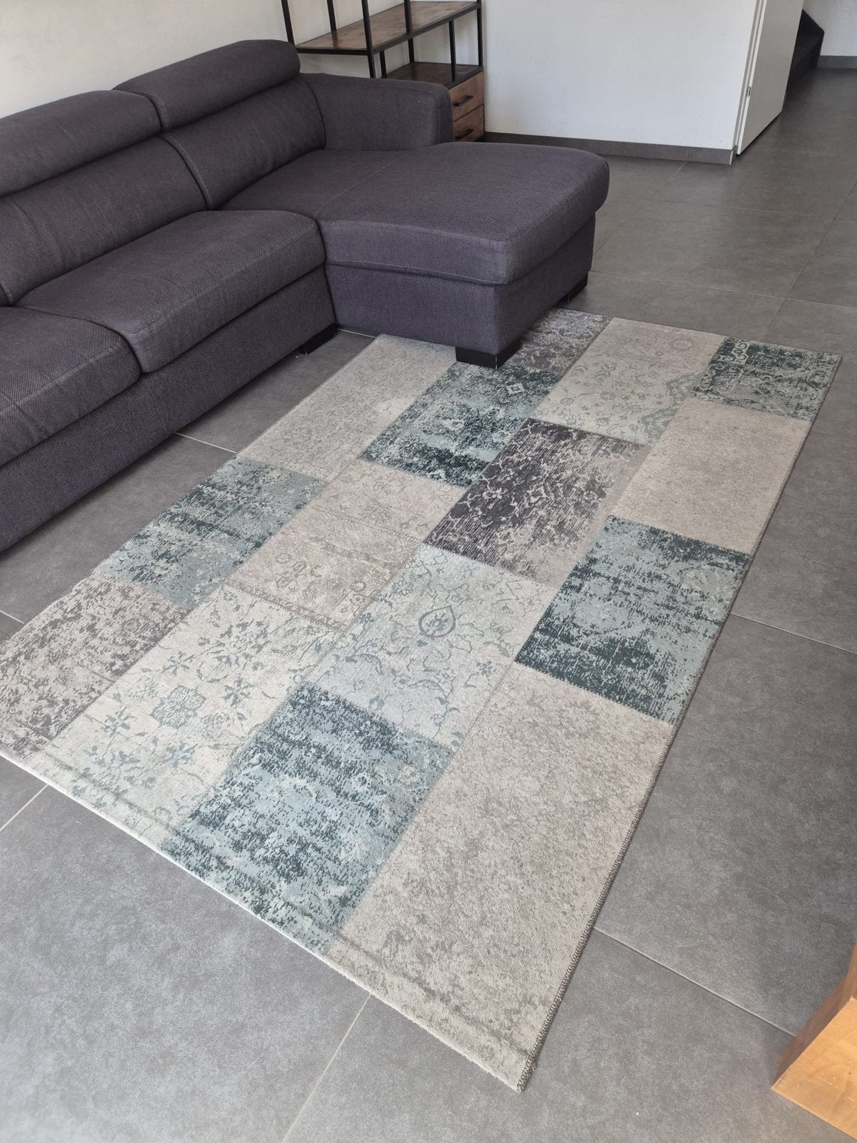 Modern Patchwork Vloerkleed - Grijs/Blauw, Ophalen, 100 tot 150 cm, Zo goed als nieuw, 150 tot 200 cm