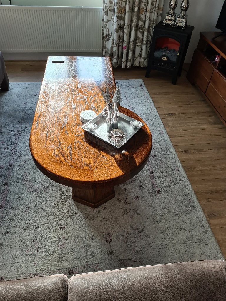 Massief eiken salontafel, 145x52/62x48cm, Ophalen, Gebruikt, 100 tot 150 cm, Eikenhout