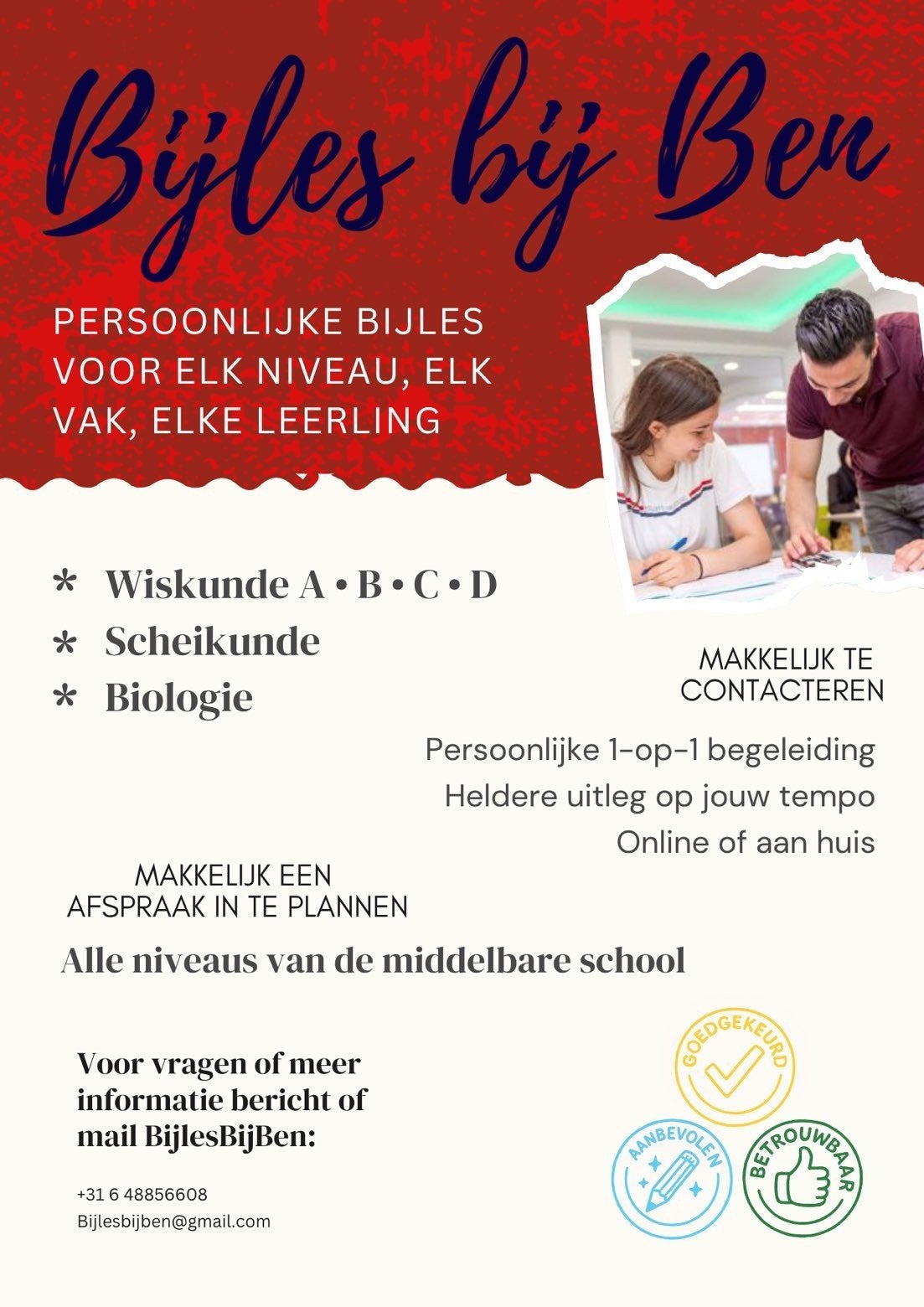Bijles wiskunde, scheikunde en biologie, Privéles, Bijles