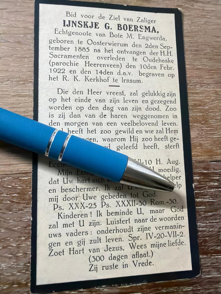 Boersma Ynskje Oosterwierum 1922 Oudehaske Irnsum x Engwerda, Ophalen of Verzenden, Bidprentje