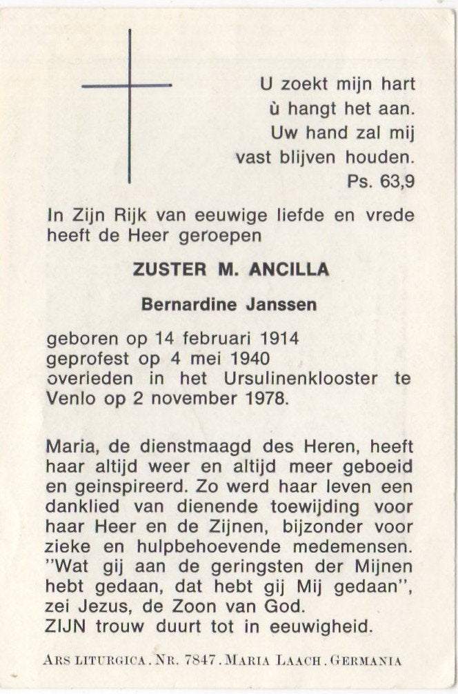 zr. Bernardine A.H.W. Janssen 1914 Den Bosch + 1978 Venlo, Ophalen of Verzenden