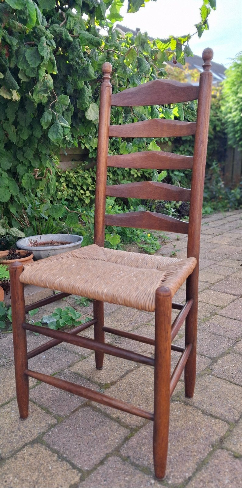 Set van 2 Vintage Houten Ladderrugstoelen met Biezen Zitting, Ophalen