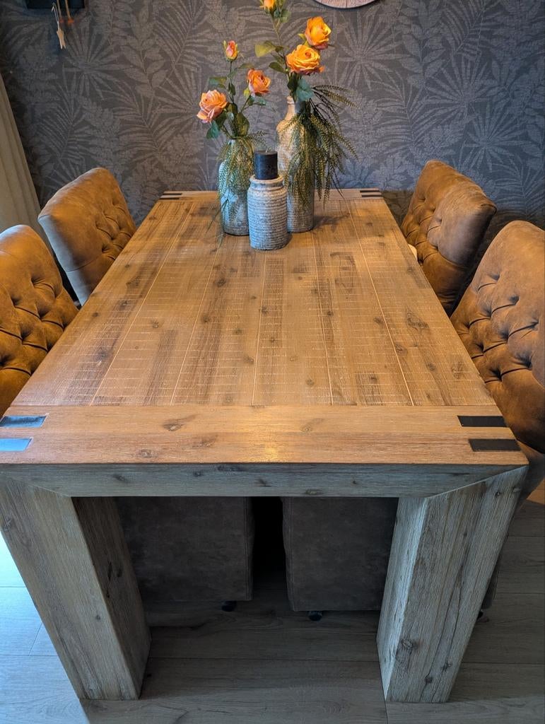Mango houten eettafel met 4 stoelen 160 lang 90 breed 78 hoo, Ophalen, Modern klassiek, 50 tot 100 cm, Zo goed als nieuw