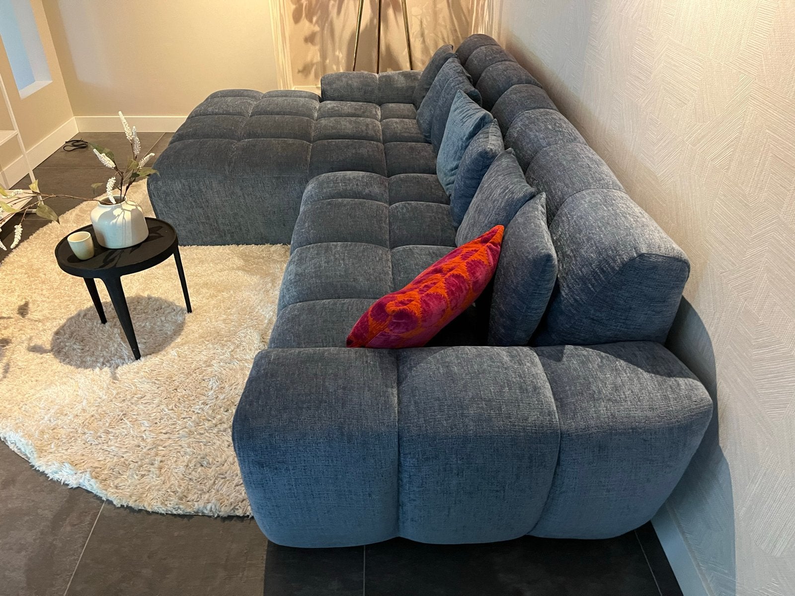 Moderne Hoekbank - Grijsblauw - Goossens Kubus, Ophalen, 100 tot 125 cm, Hoekbank, 300 cm of meer