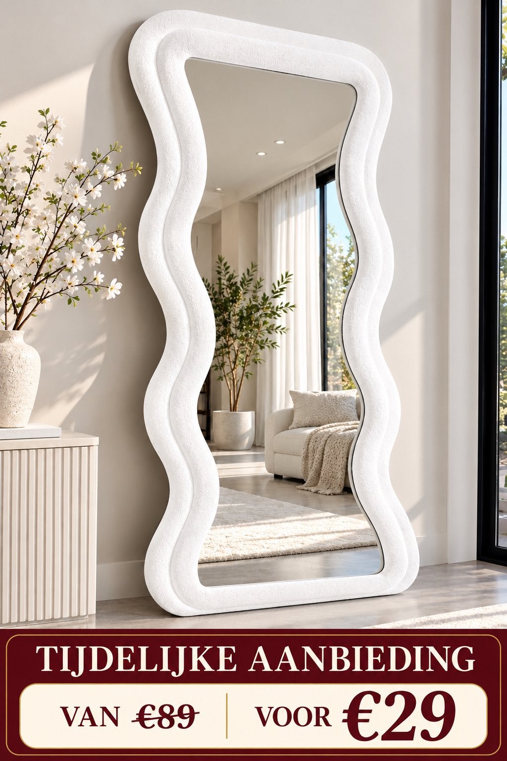 Grote Witte Golf Spiegel - Full-Body Passpiegel, Huis en Inrichting, 7021br, 200 cm of meer, Nieuw, Ophalen of Verzenden