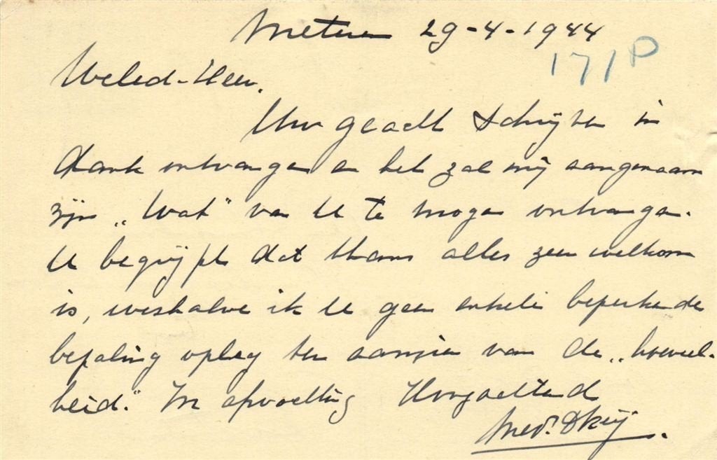D. Keij v.d. Burg, Meteren - 04.1944 - briefkaart, Ophalen of Verzenden, Briefkaart