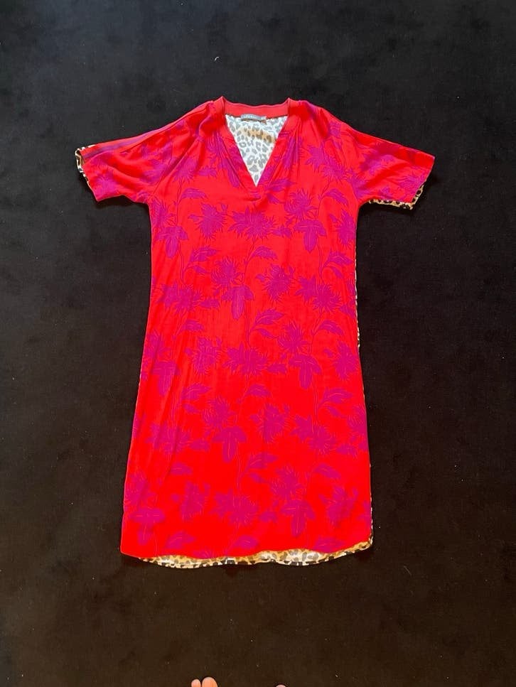 Geisha jurk S/36 - Omkeerbaar met luipaardprint en bloemen, Oranje, Ophalen of Verzenden, Zo goed als nieuw, Knielengte