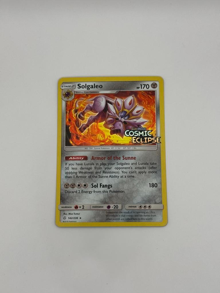 Solgaleo, 142/236, Cosmic Eclipse, Set Stamp, EX, Ophalen of Verzenden, Zo goed als nieuw, Losse kaart, Foil