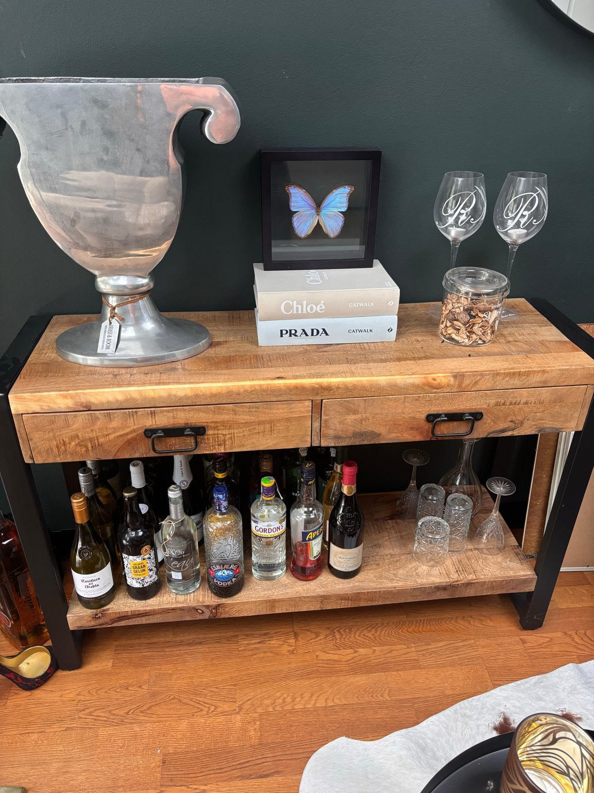 Side table met 2 laden en extra schap - 120x35x77 cm, Ophalen, 100 tot 150 cm, Zo goed als nieuw, Overige houtsoorten