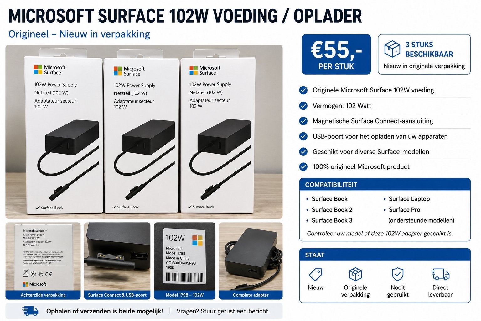 Microsoft Surface 102W Voeding / Oplader – Origineel – Nieuw, Ophalen of Verzenden, Nieuw