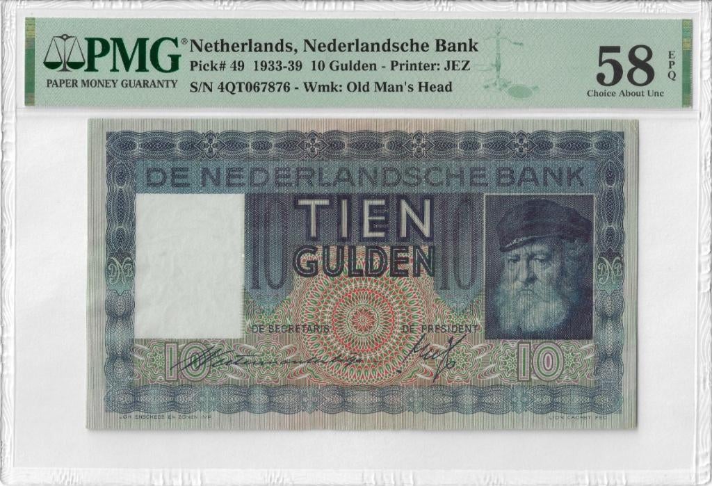 10 Gulden 1938 Nederland Grijsaard (Pick 49) PMG 58 EPQ, Ophalen, 10 gulden, Los biljet