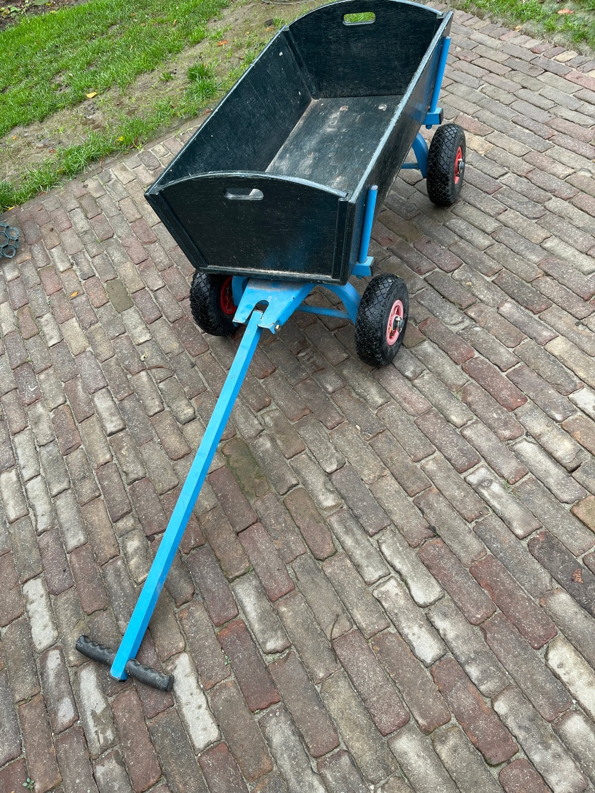 Stevige houten bolderkar met blauw metalen frame, Ophalen of Verzenden, Gebruikt