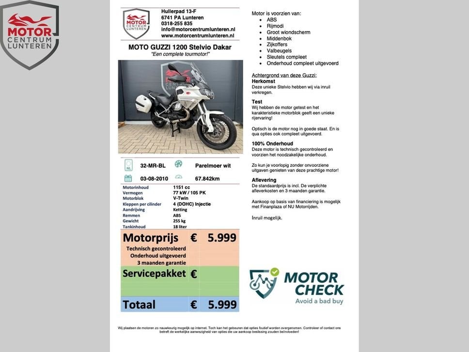 MOTO GUZZI 1200 STELVIO Dakar 2010, 2 cilinders, Motorrijbewijs A, Bedrijf, Meer dan 35 kW
