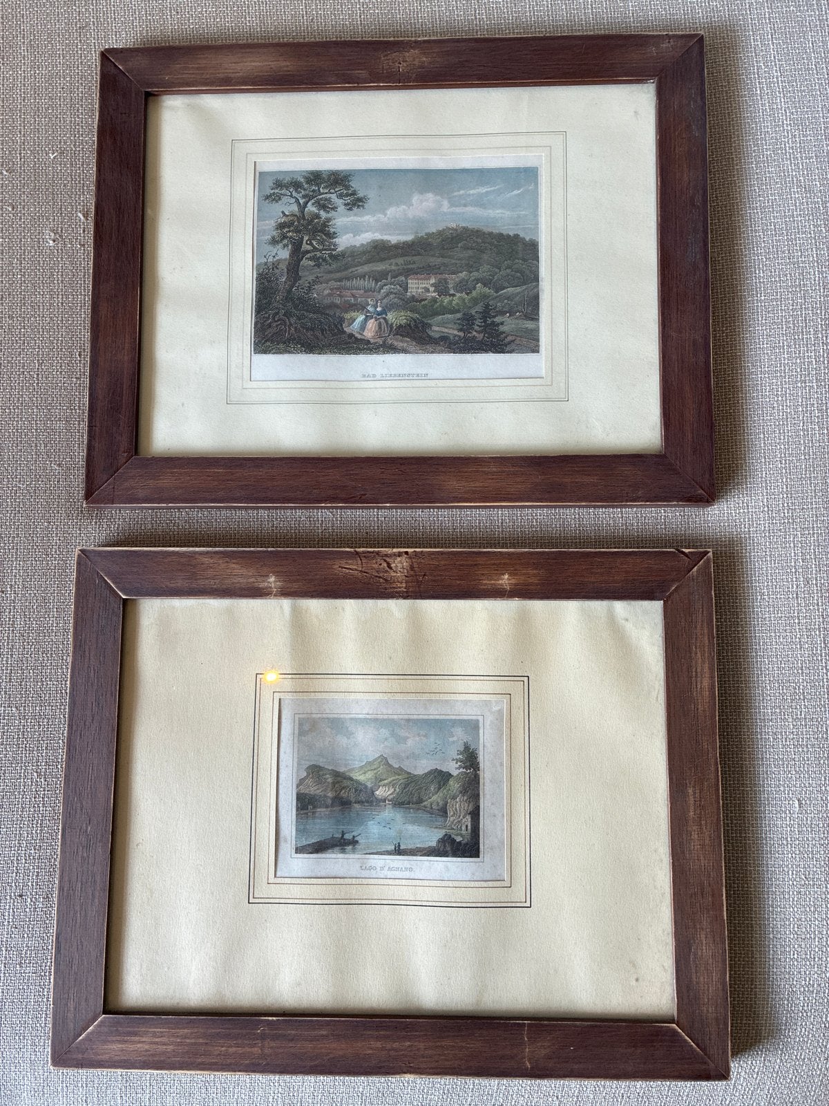 Twee ingelijste, handgekleurde etsen: Landschap & Kustgezich, Ophalen, Handgekleurd, 1800 - 1899, Ets