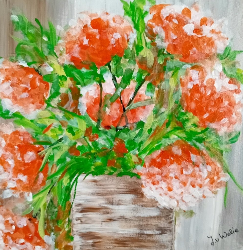 Levendig bloemenschilderij, acryl op doek, Antiek en Kunst, Ophalen, Acrylverf, Gesigneerd, Overige materialen