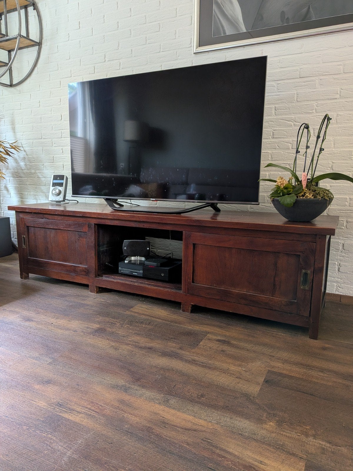 Massief houten tv-meubel, donkerbruin, Ophalen, Gebruikt, 150 tot 200 cm, Landelijke/Klassieke stijl