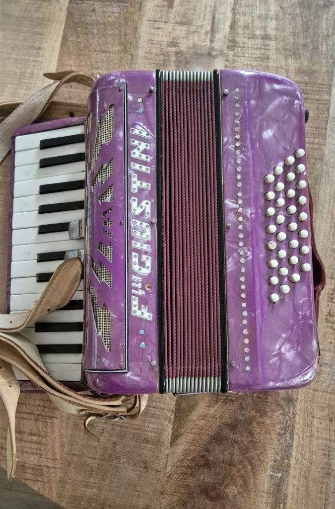 Vintage paarse Weltmeister piano-accordeon inclusief koffer, Ophalen, Gebruikt, Weltmeister, Met koffer