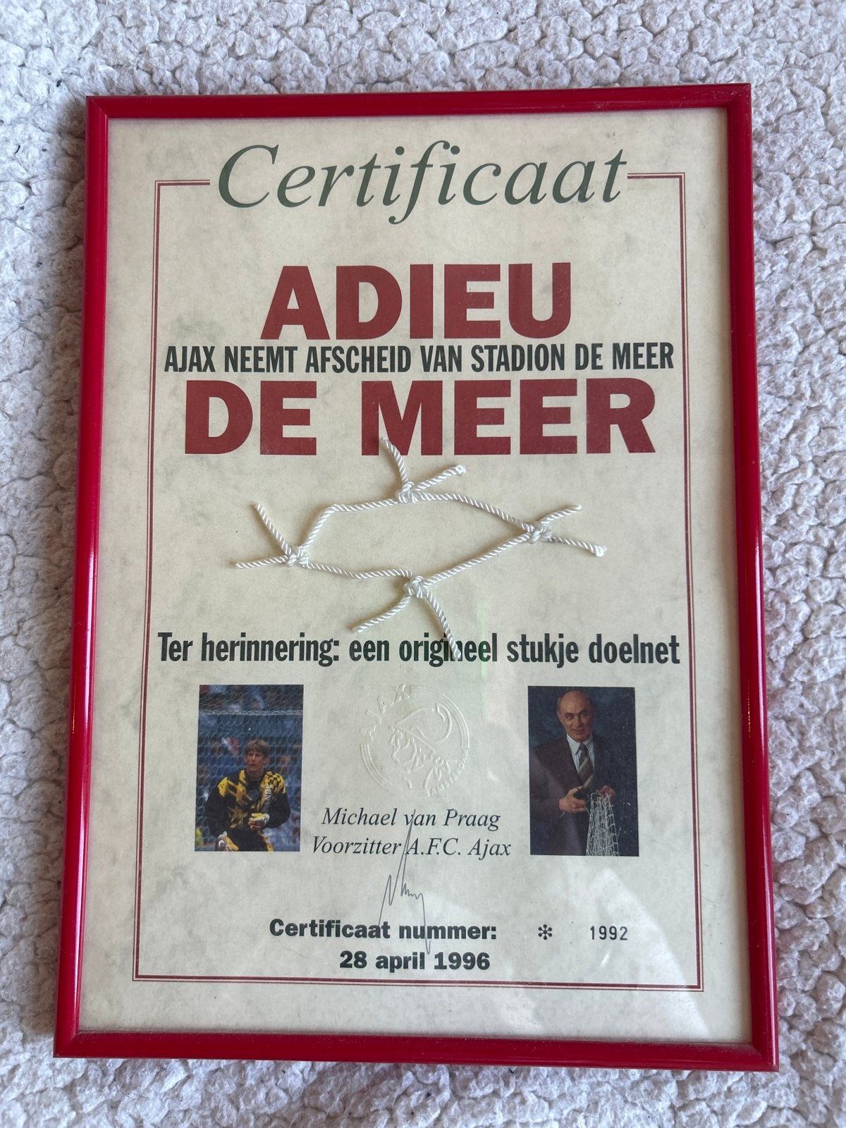 Ajax Stadion De Meer afscheidscertificaat met doelnet, Ophalen of Verzenden, Gebruikt, Ajax, Overige typen