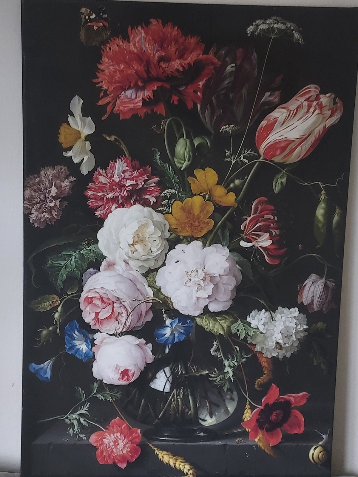 reproductie Stilleven met bloemen in een glazen vaas, Antiek en Kunst, Bloemen, Overige stijlen, Doek, Ophalen of Verzenden