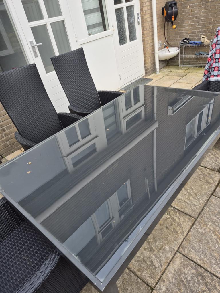 Tuinset: tuintafel met glazen blad, Tuin en Terras, Ophalen of Verzenden, Gebruikt, Rechthoekig, Metaal