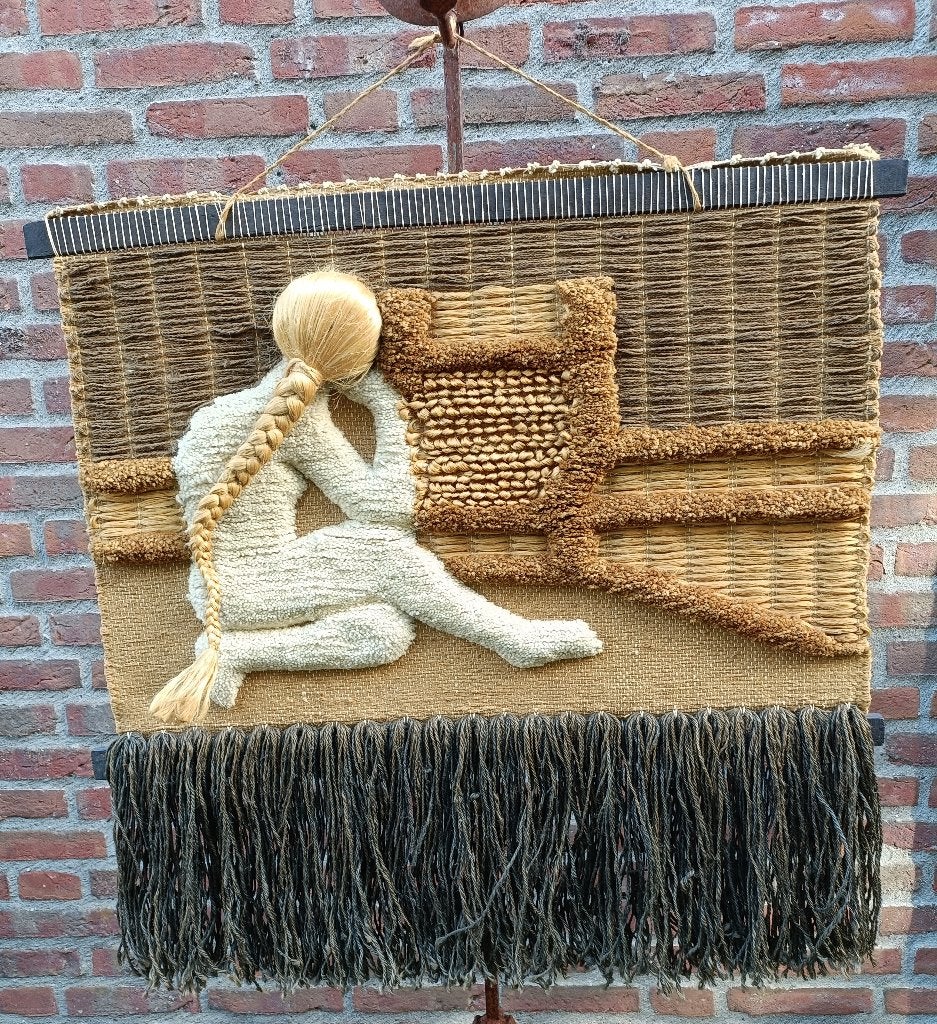 Vintage 1970 wandkleed vrouw natural Don Freedman 77 x 74 cm, Gebruikt, 74 cm, Textiel, Ophalen of Verzenden