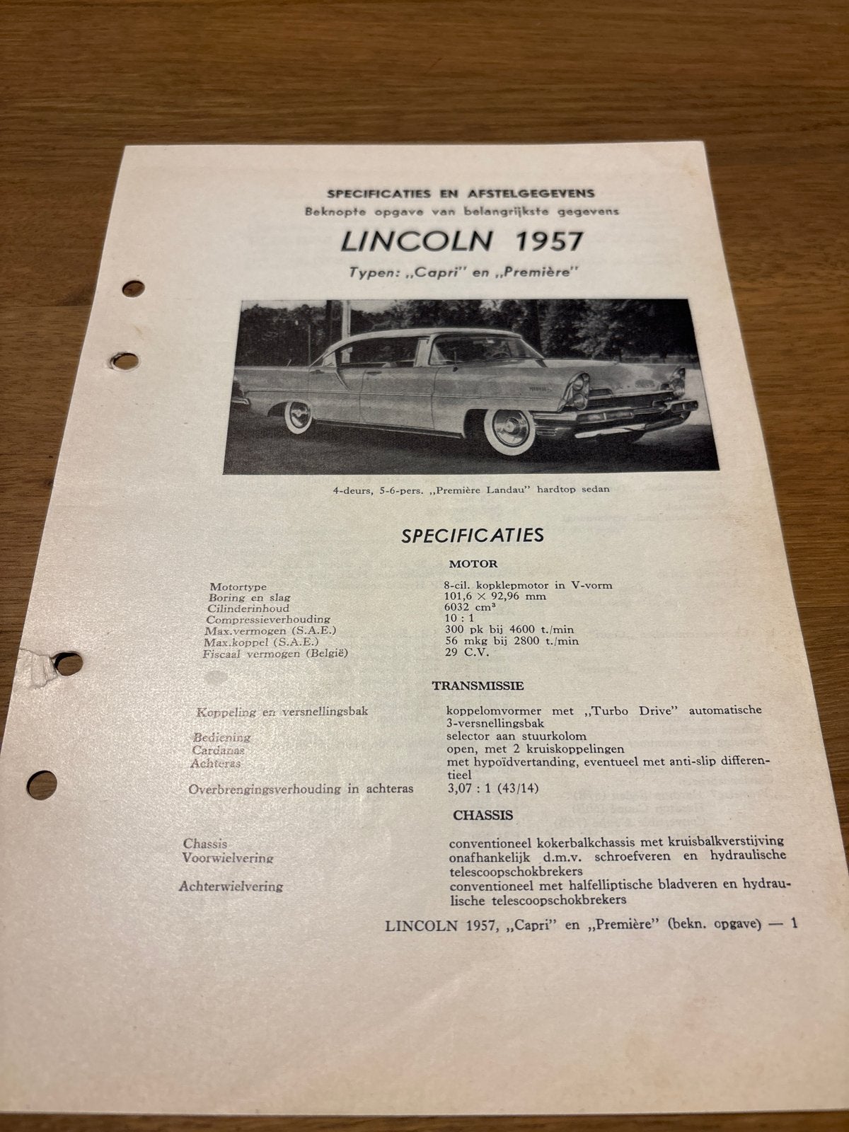 Lincoln 1957 Capri/Première Specificaties, Ophalen of Verzenden, Gelezen, Overige merken