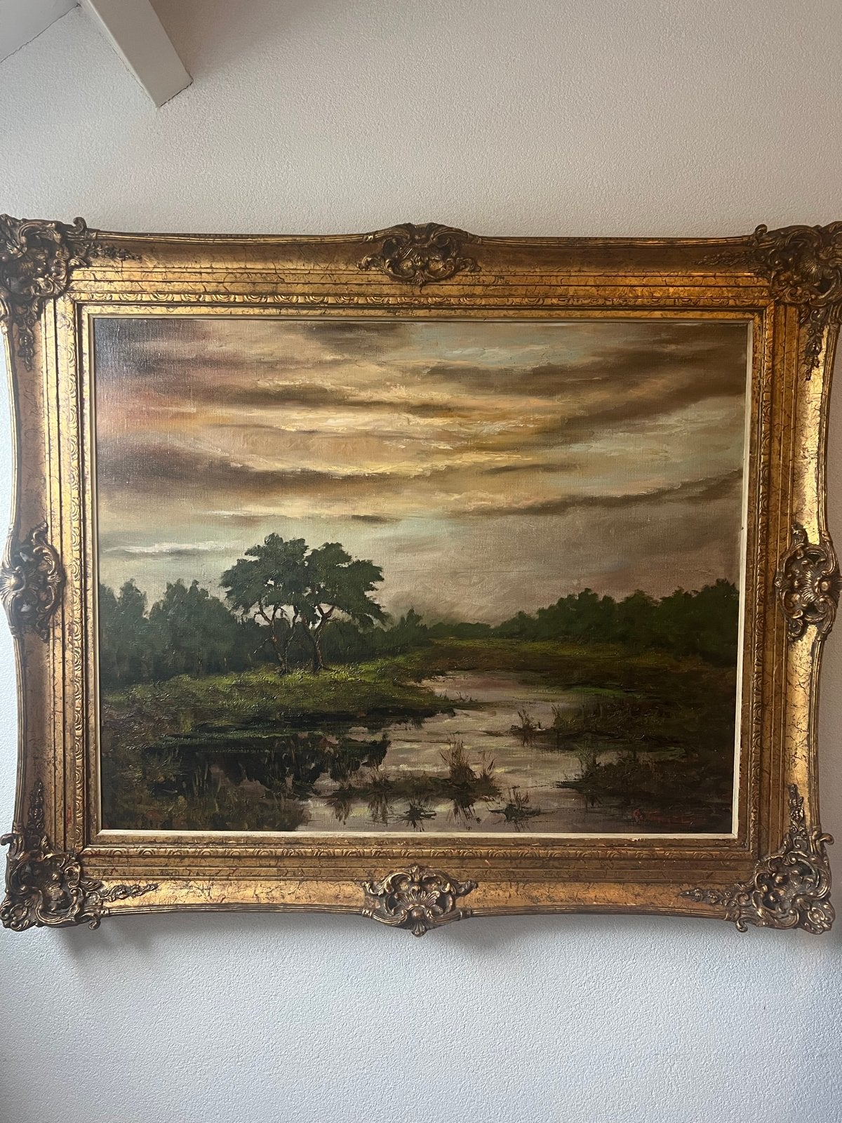 Olieverfschilderij Landschap met Water en Bomen, Ophalen