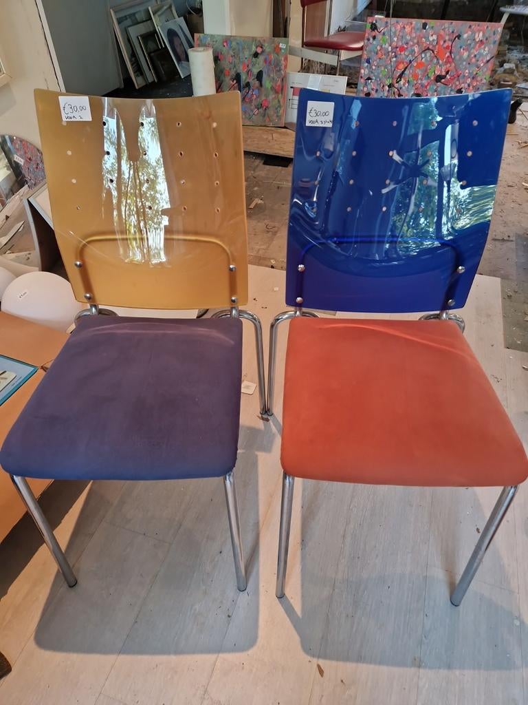 2 Retro Memphis Design Stoelen - Chroom Buisframe, Gebruikt, Twee, Overige kleuren, Stof