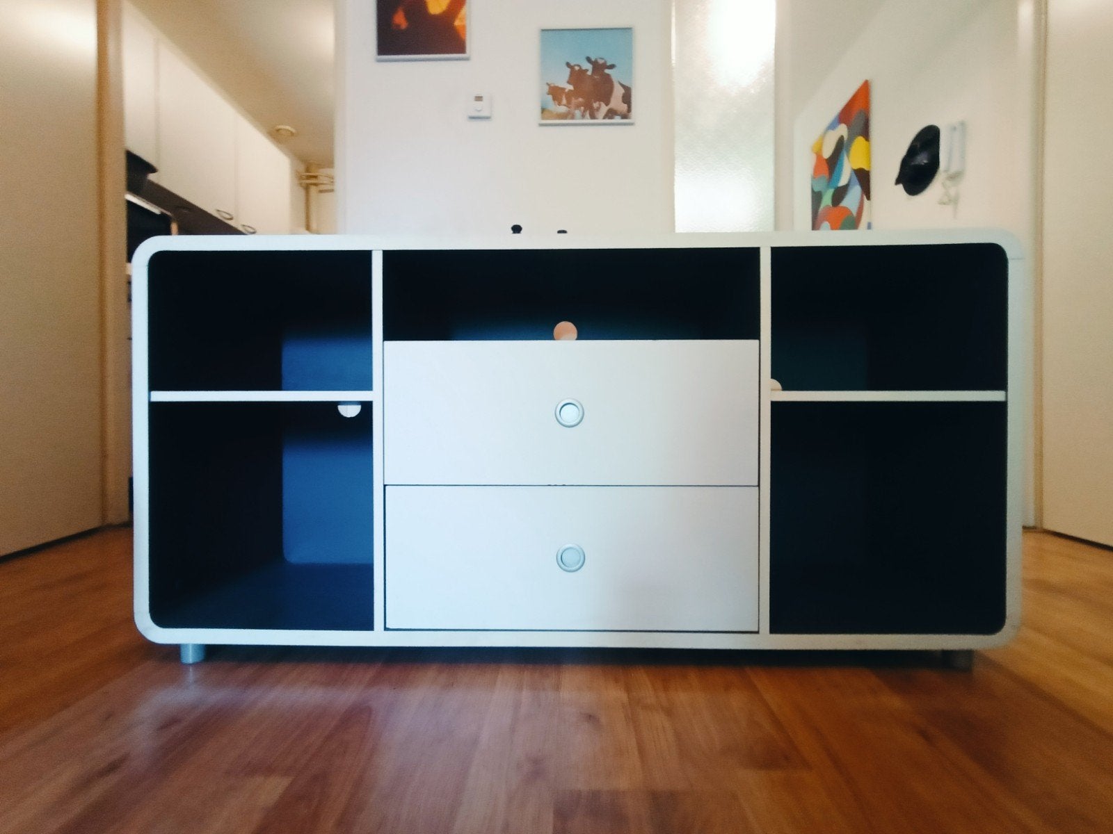 JYSK dressoir met 2 lades - Wit/Zwart, Ophalen, Overige materialen, Gebruikt, 100 tot 150 cm