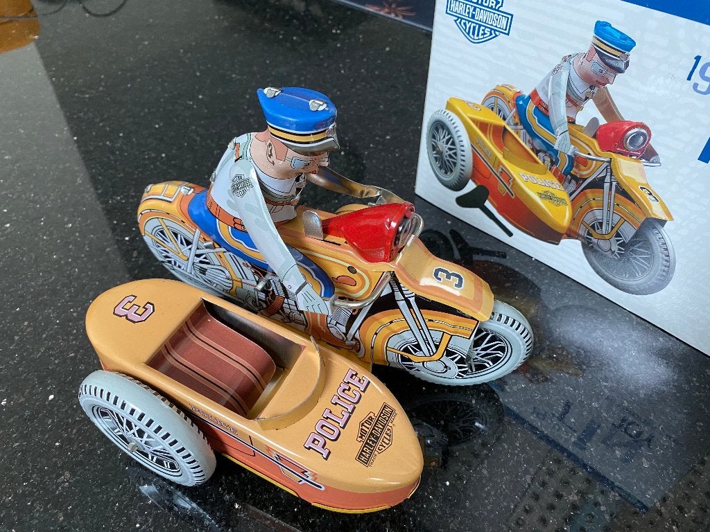 Blikken Harley-Davidson motorfiets met zijspan., Ophalen of Verzenden