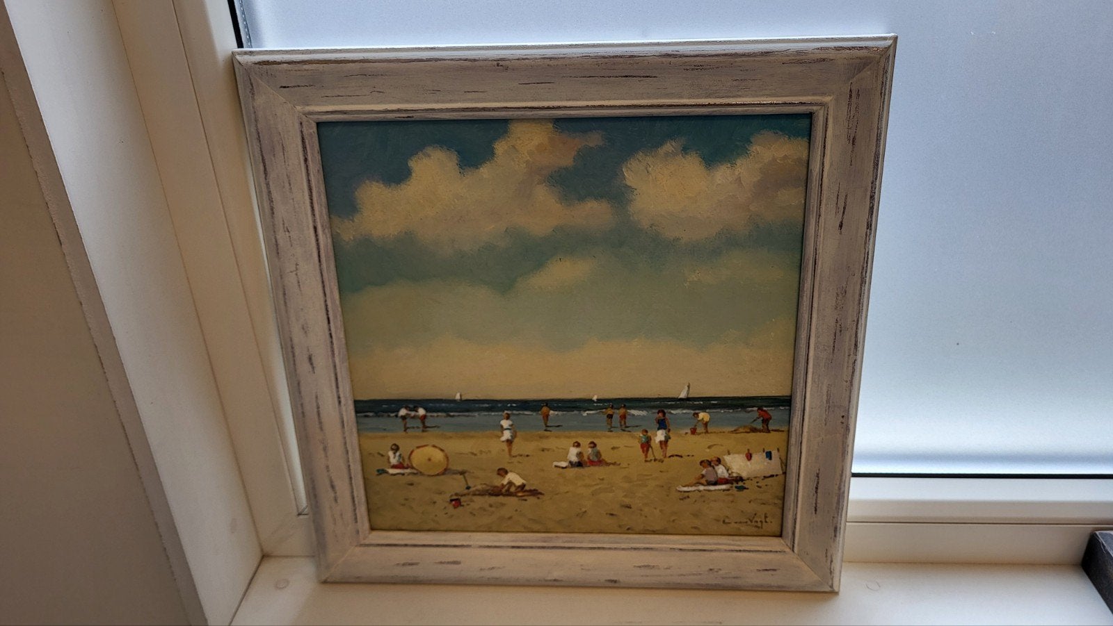 Schilderij strandgezicht met badgasten en bootjes, Antiek en Kunst, Paneel, Impressionistisch, Ophalen of Verzenden, Gesigneerd