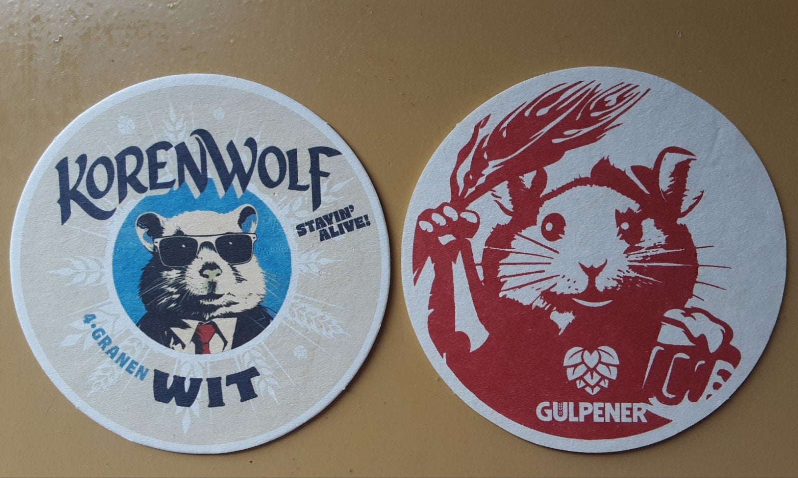 2 x Gulpener en Korenwolf bierviltjes., Ophalen of Verzenden, Zo goed als nieuw, Viltje(s), Gulpener