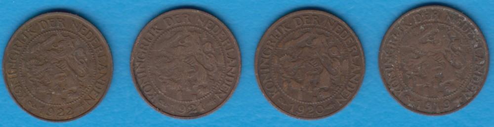 Nederland 1 cent 1919, 1920, 1921 en 1922 Wilhelmina, Postzegels en Munten, Munten | Nederland, Ophalen of Verzenden, Koningin Wilhelmina
