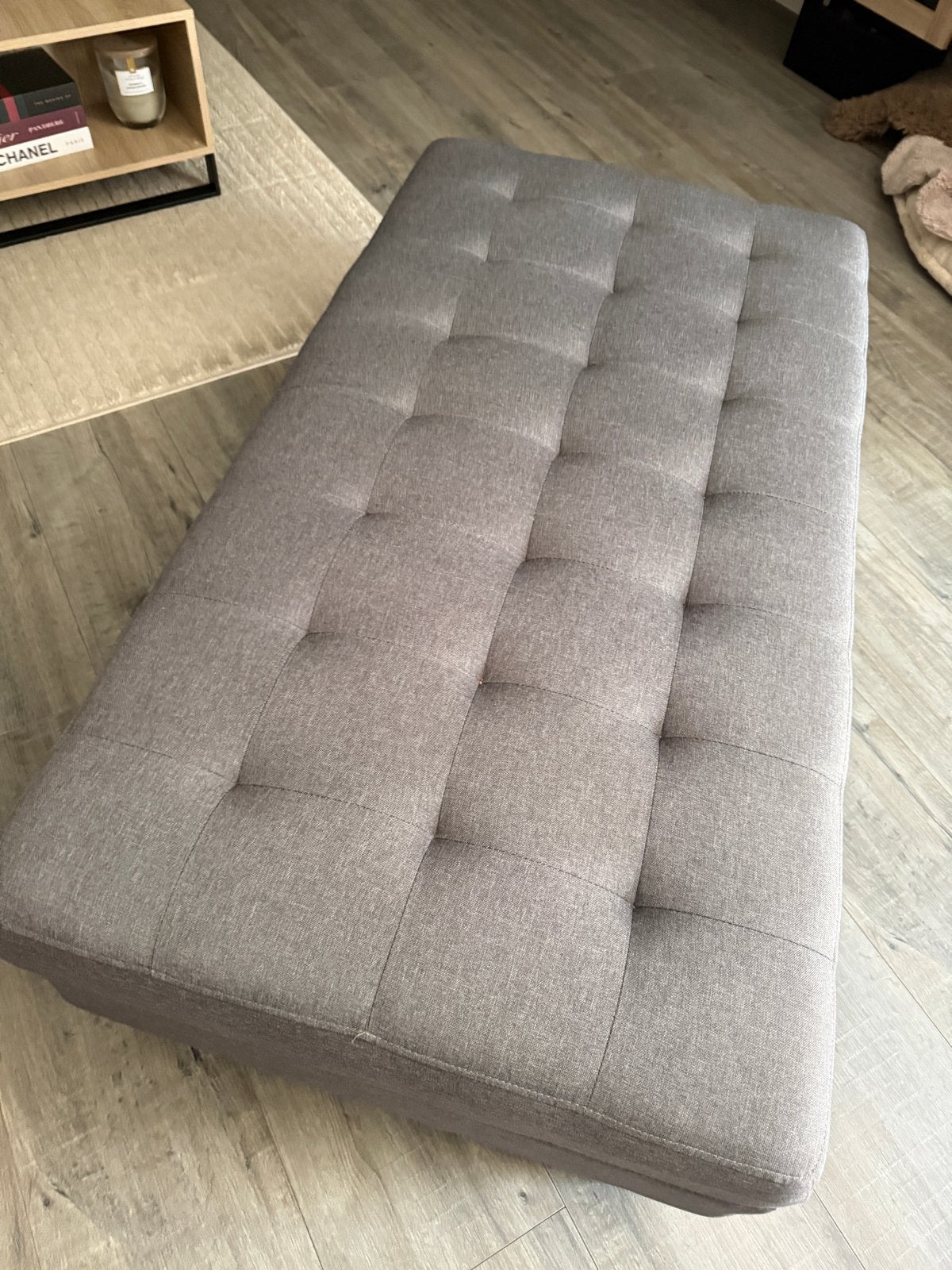 Grijze opbergpoef/voetenbank met knopen, Ophalen, Gebruikt, 100 tot 125 cm, Stof